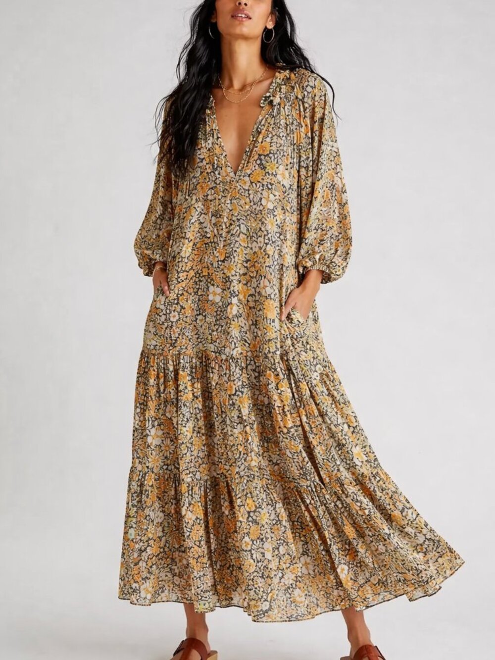 Free People Floral Boho Maxi Dress Tiered Flowy Prairie Festival Small